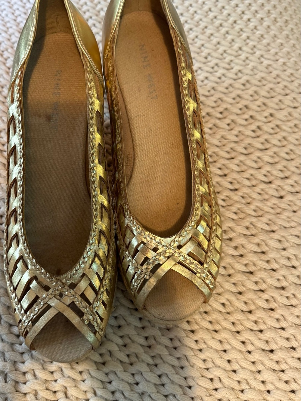 Nine West Gold Woven Peep-Toe Flats